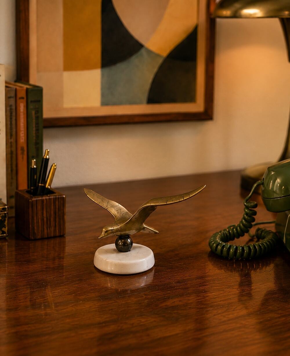 Vintage MCM Brass Seagull Paperweight Sculpture Porcelain Base Bird Flying